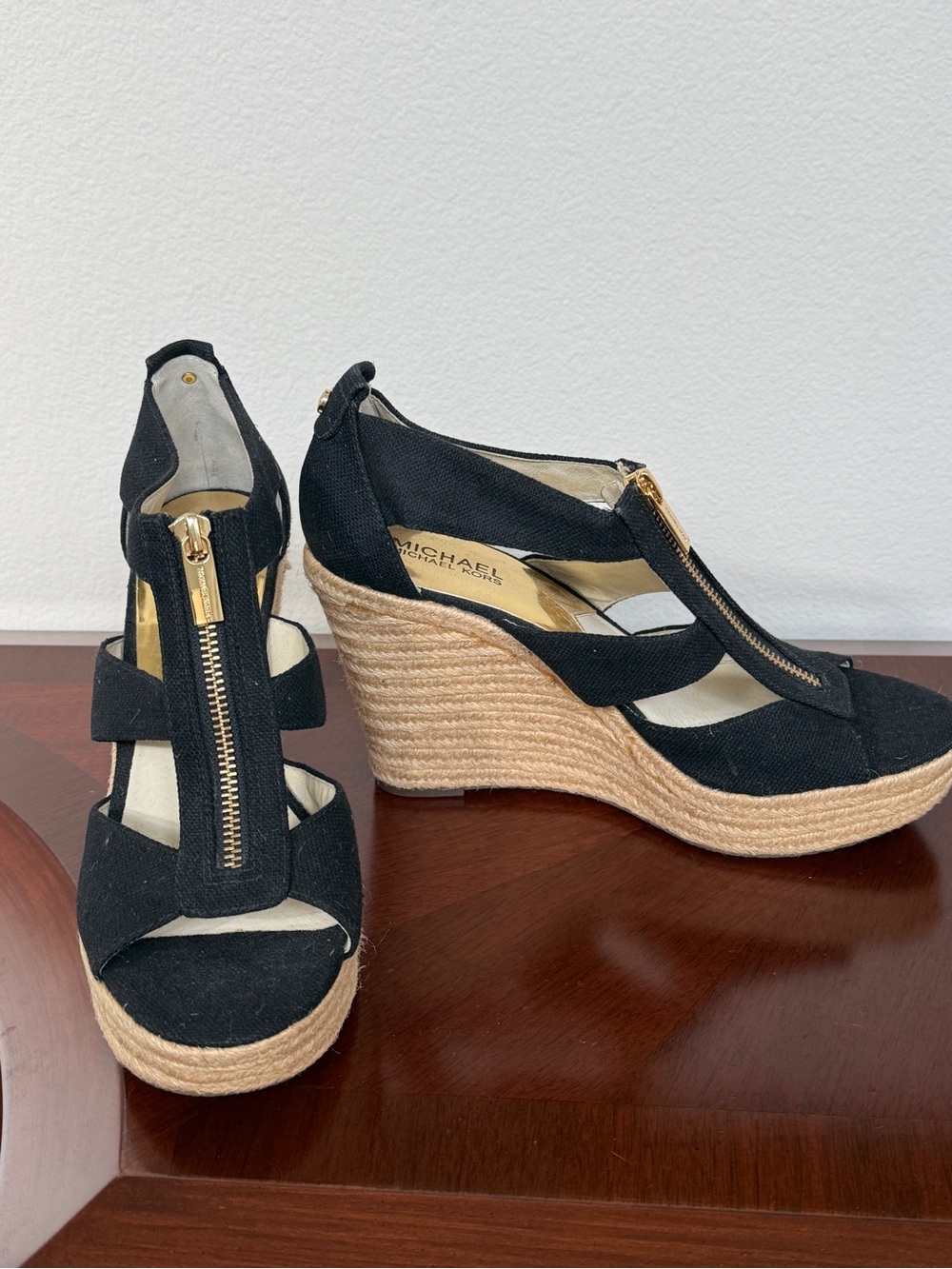 MICHAEL Michael Kors Black Canvas Espadrille Wedge Sandals